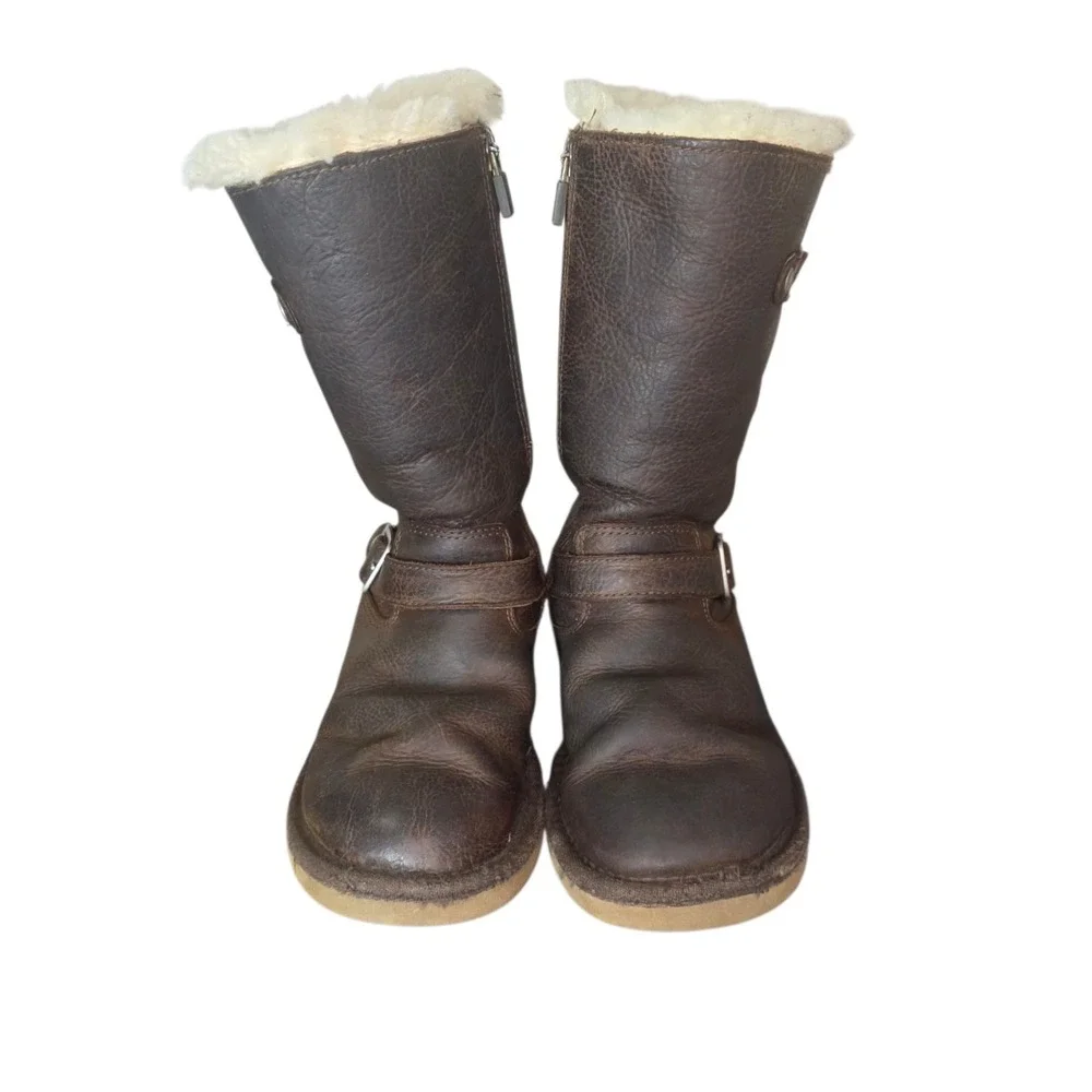UGG Kensington Girls 1 Brown Leather Sheepskin Sherpa Shearling Lined Snow Boots